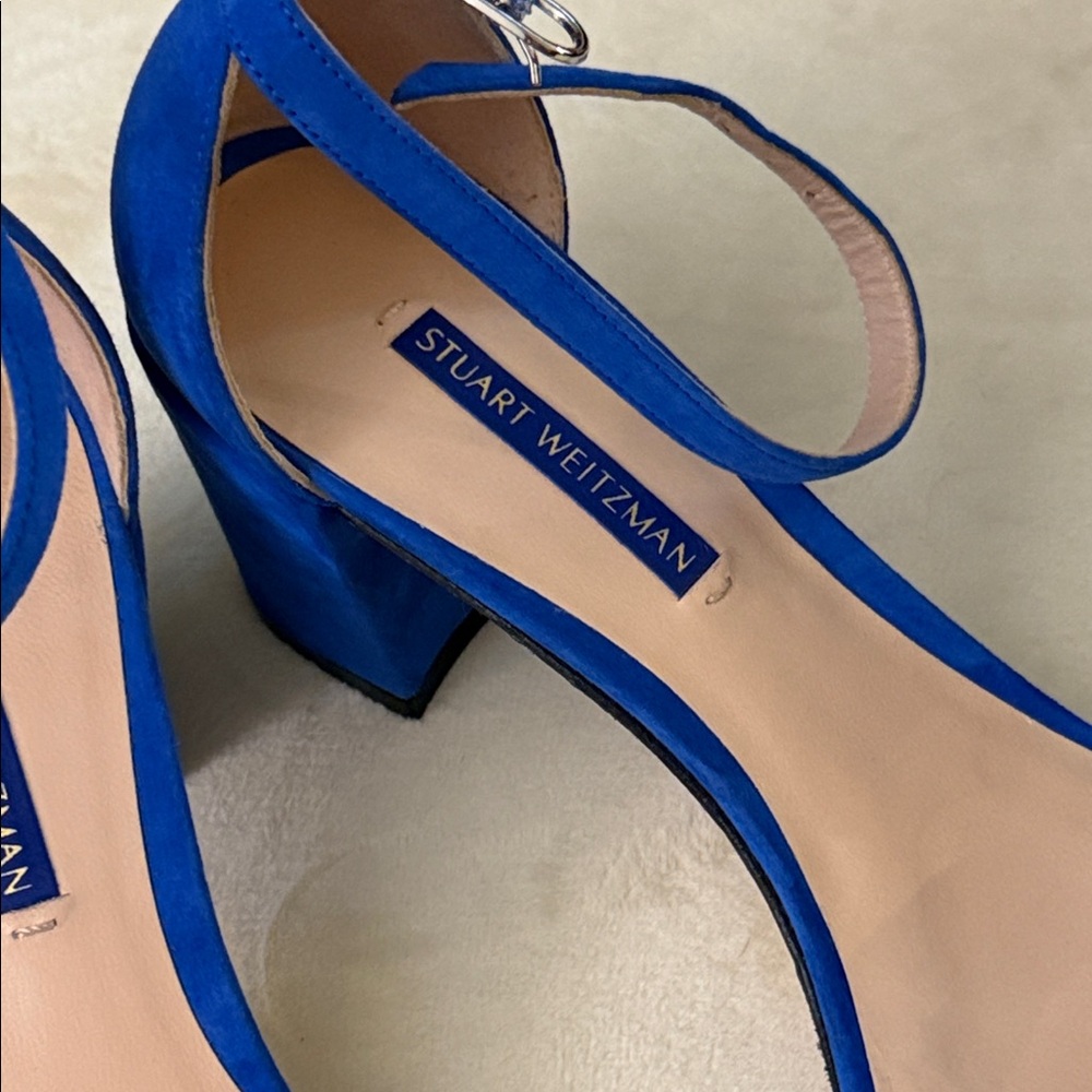 $0 SHIPPING Stuart Weitzman Cobalt Blue Suede Ankle-Strap Block Heels - Picture 3 of 6